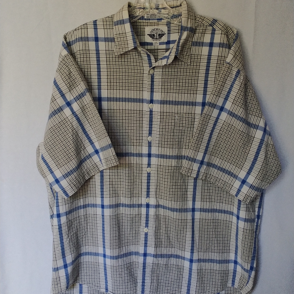 Dockers Short Sleeve Button Down Shirt Large Men's Plaid %100 Cotton Size Large